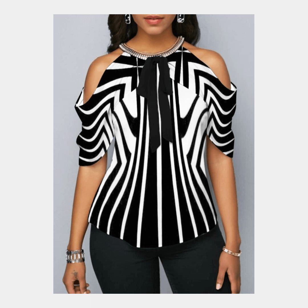 Striped Embellished Neck Cold Shoulder Blouse – C157